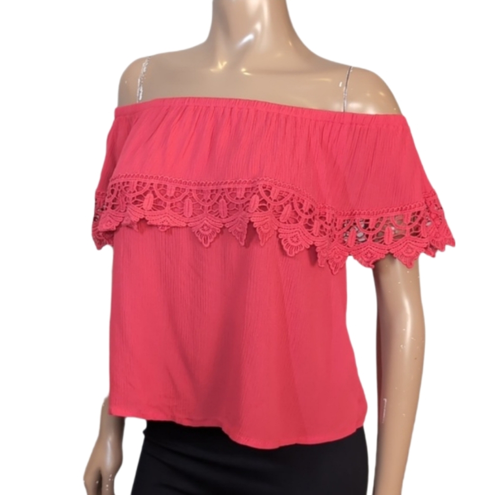 NEW U2B Off Shoulder Boho Top Womens Size Large Coral Orange Bardot Crochet Lace